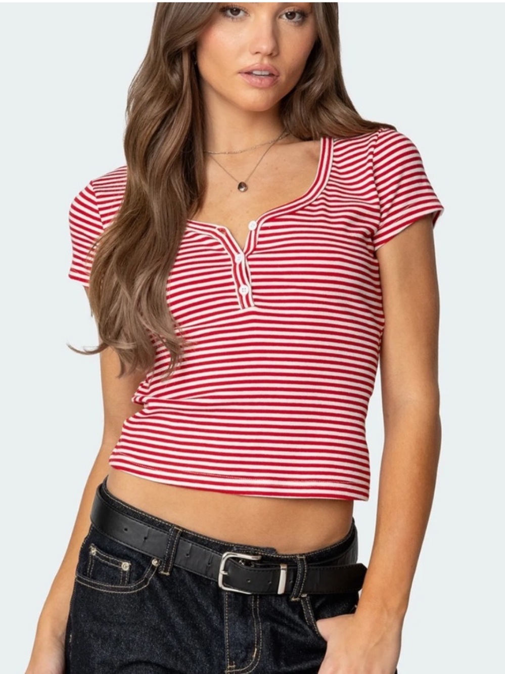 Edikted Red and White Striped Short Sleeve Henley Tee Sz. Small